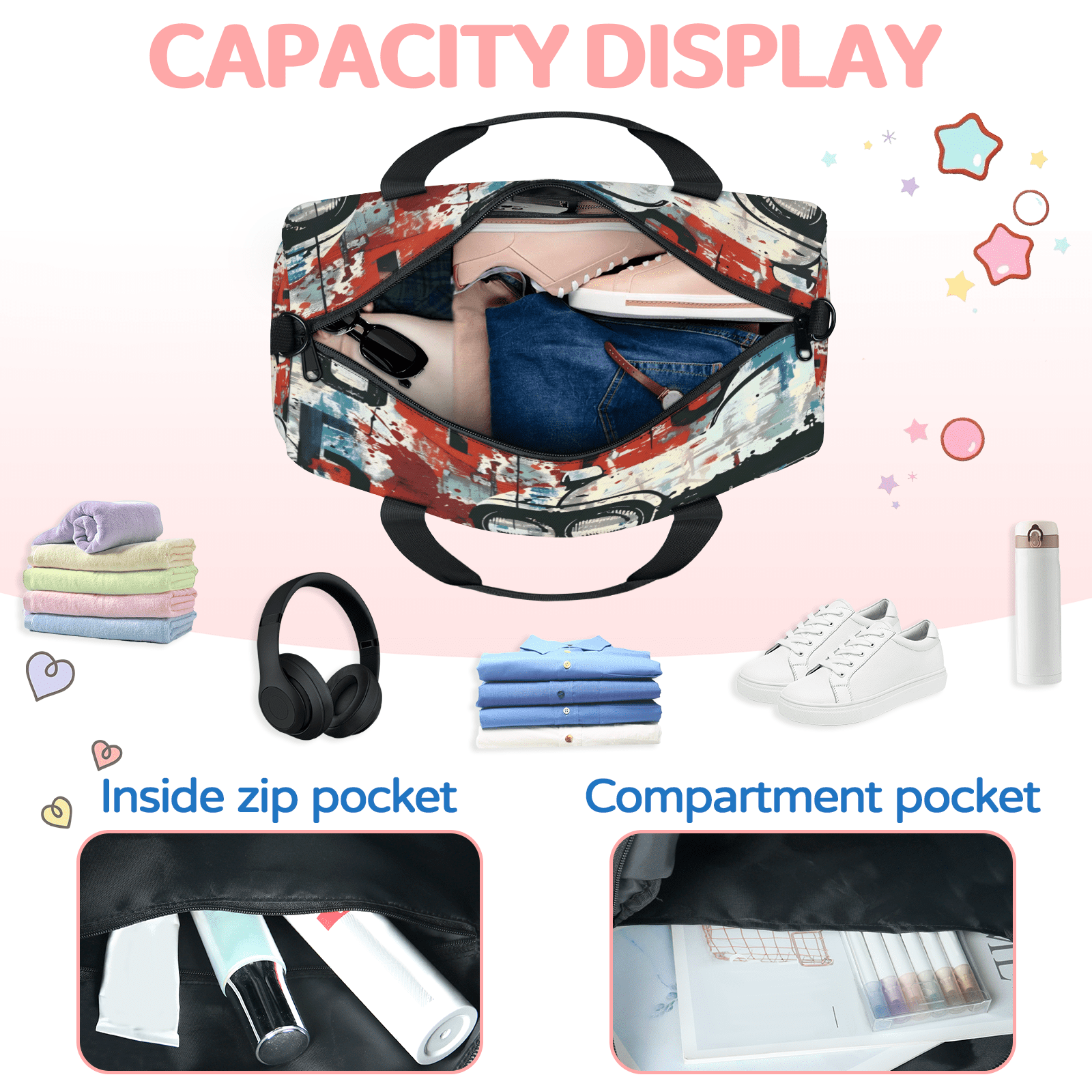 Herdesigns Car Vintage Retro Travel Duffle Bag Sports Yoga Weekender Overnight Carry on Workout Bags Lightweight Waterproof Gym Tote Bag for Women