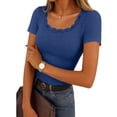 thumbnail image 2 of Women's Short Sleeve Lace Trim Ribbed Top Casual Basic Tee Spring Trendy, 2 of 9