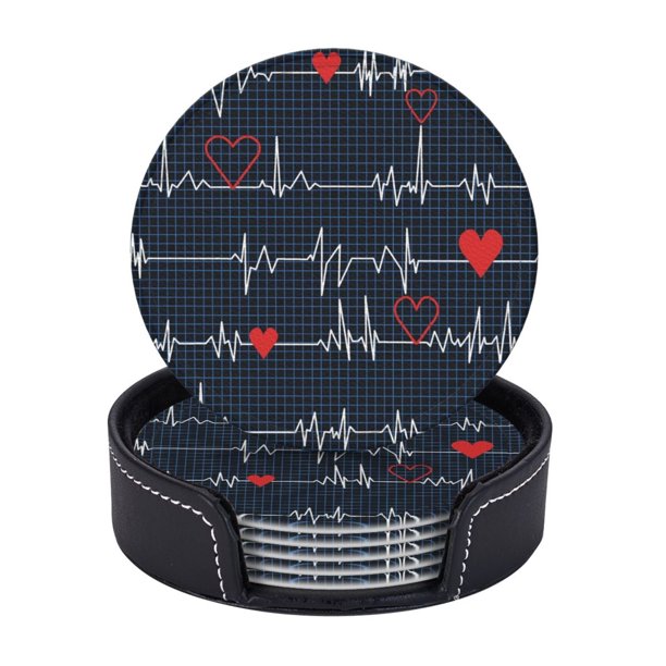 Posavasos de cuero de 6 piezas, posavasos con latidos del corazón para llamar a todas las enfermeras, posavasos para bebidas, posavasos para tazas, regalo de inauguración de la casa, ideal para la
