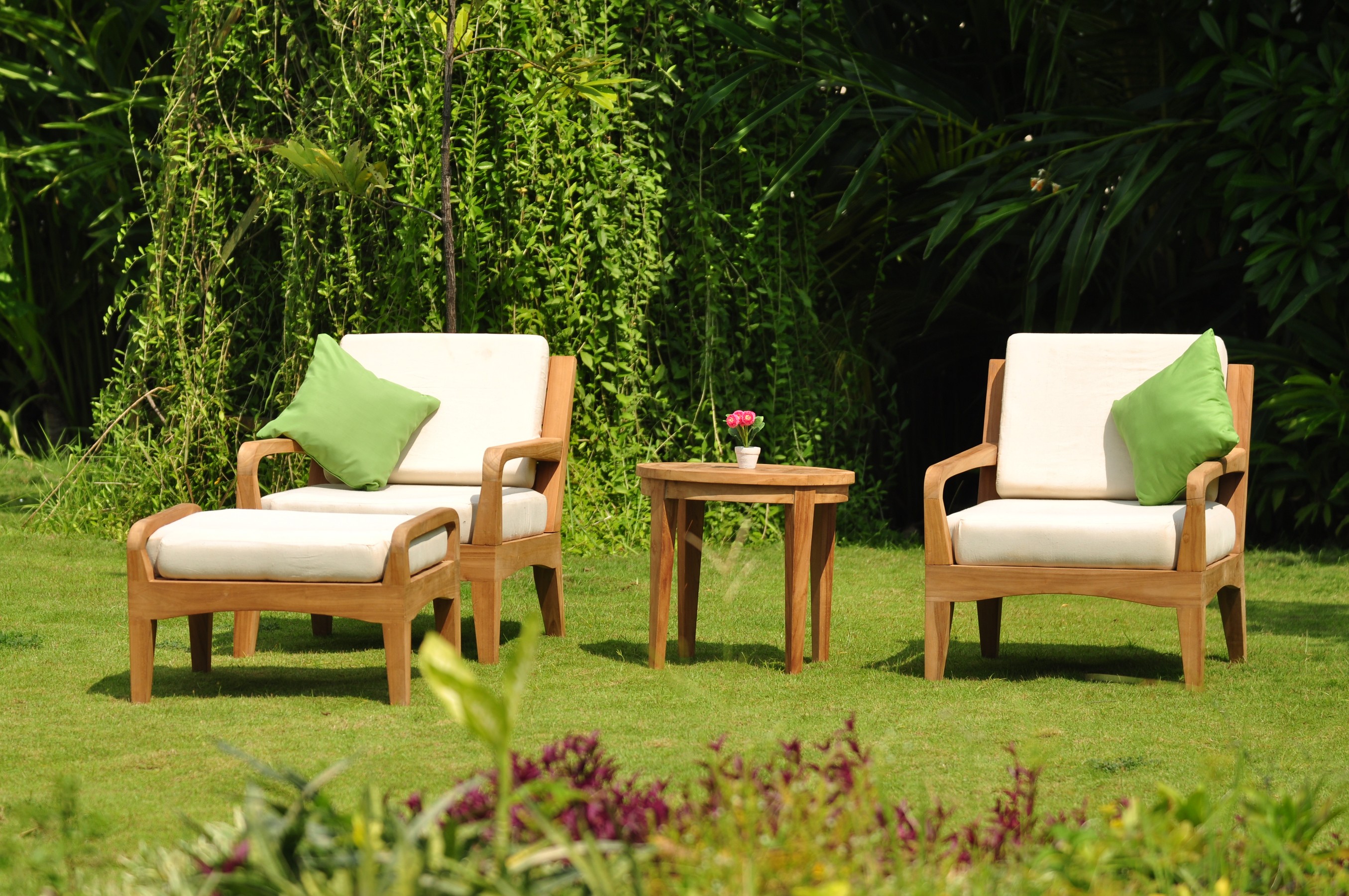 WholesaleTeak Outdoor Patio Grade-A Teak Wood 4 Piece Teak Sofa Lounge Chair Set - 2 Lounge Chairs, 1 Ottoman And 1 Round End Table - Furniture only - Noida COLLECTION #WMSSNO4 - image 2 of 2