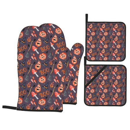 

Oven Mitts and Pot Holders 4 pcs Set halloween background holiday Heat Resistant Pot Holders Oven Mitts for kitchen Non-Slip Hanging Loop Oven Glove Potholders for Baking Cooking