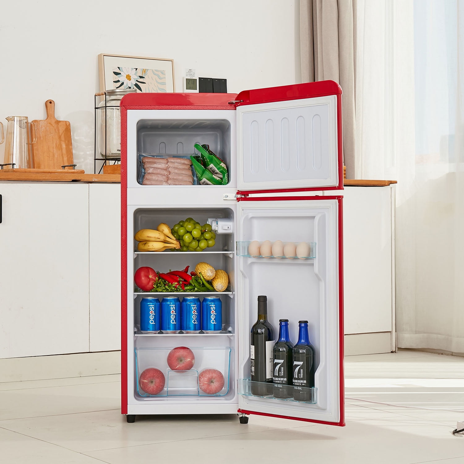Spaco 4.5 cu. ft. Dual Zone Refrigerator, 3.3 Fridge + 1.2 cu. ft. 4-Star Freezer, 7 Temperature Settings, 45 dB, LED Lighting, Red Spaco 4.5 cu. ft. Dual Zone Refrigerator, 3.3 Fridge + 1.2 cu. ft. 4-Star Freezer, 7 Temperature Settings, 45 dB, LED Lighting, Red