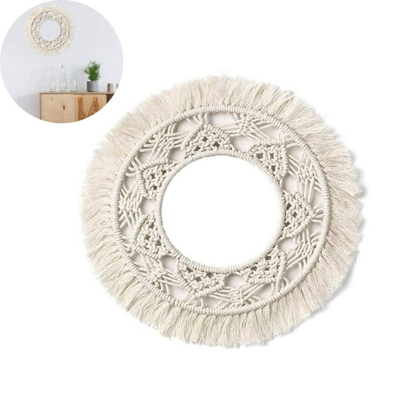 Hanging Wall Mirror with Macrame Fringe Small Round Decoration Boho Antique