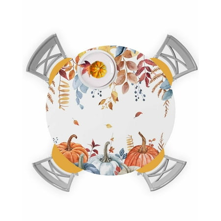

Round Tablecloth with Elastic Thanksgiving Fall Blue White Orange Autumn Leaf Waterproof Stain-proof Table Cover Wipeable Fitted Table Cloths for 55 -60 Round Tables Dining Kitchen