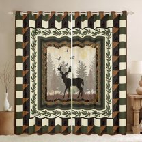 jejeloiu Jungle Deer Blackout Curtains Set of 2 (52x84 Each),Woodland Animals Window Curtains,Green Beige Grid Curtains and Drapes For Kids,Super Cozy Room Decor