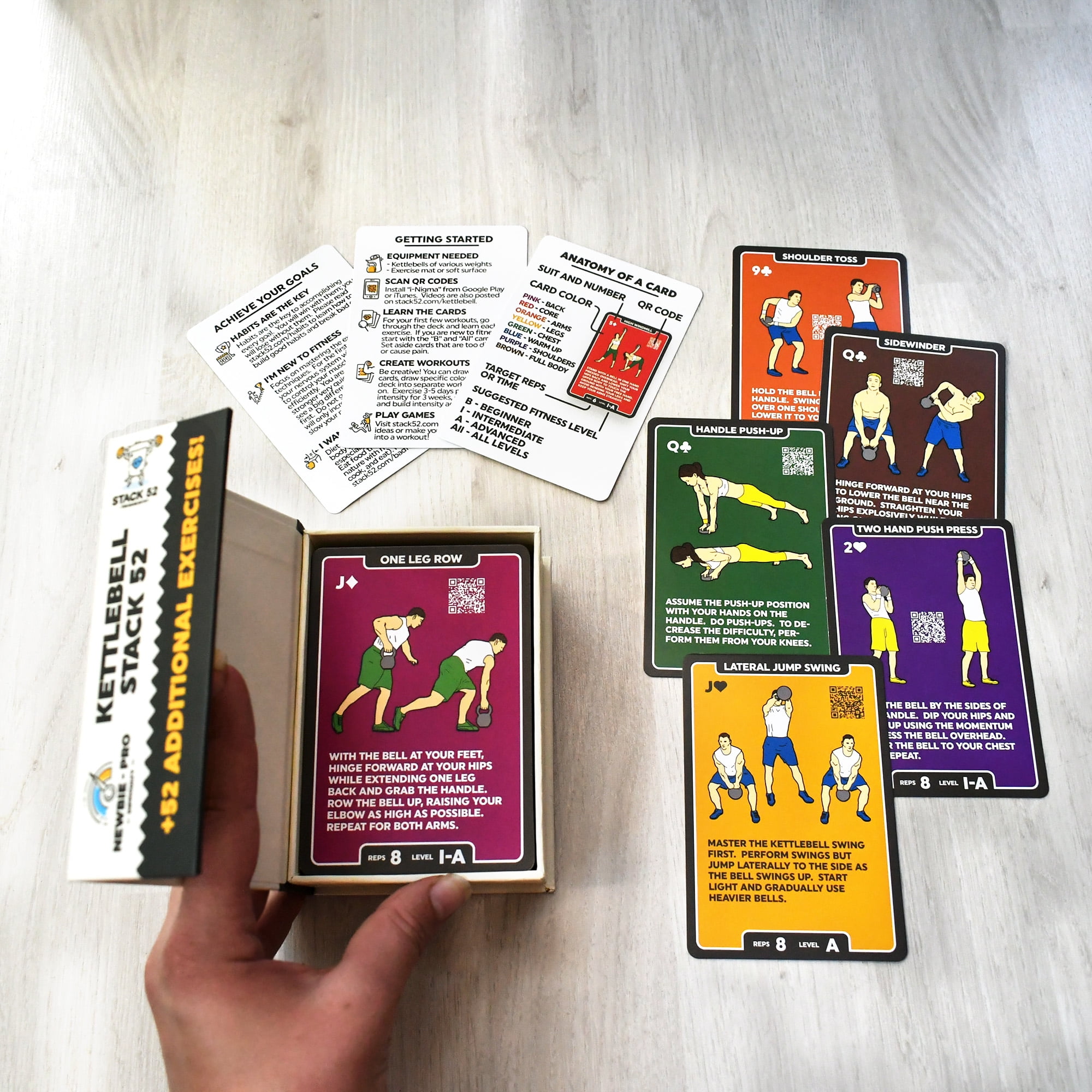 Stack 52 Kettlebell Exercise Cards. Workout Playing Card Game. Video Instructions Included. Learn Kettle Bell Moves and Conditioning Drills. Home Fitness Training Program. (2019 Mega Pack)