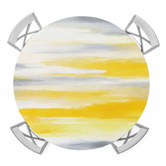 Elastic Fitted Round Tablecloth, Yellow Grey Waterproof Stretch Table Cover for 45"-54" Tables, Vintage Farmhouse Abstract Oil Painting Washable Outdoor Tablecloths for Patio, Picnic, Camping