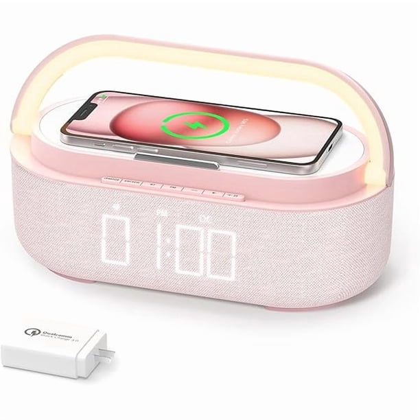 wonima11 Bluetooth Speaker with Wireless Charger, FM Radio, Dimmable LED Night Light, Dual Wireless Speakers, 2500mAh Portable Speaker for Home Decoration, Bedroom, Office, Gift