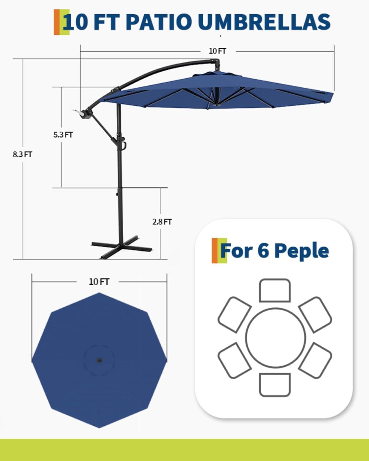 Memoryfield 10FT Cantilever Patio Umbrella with Cross Base, Outdoor Offset Market Umbrella with 360-degree Rotation and Infinite Tilt, for Backyard Lawn Garden and Pool, Navy Blue