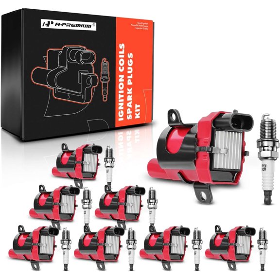 A-Premium Set of 8 (Red) Round Ignition Coil Pack and Iridium Spark Plugs Compatible with Chevrolet Silverado GMC Sierra 1500 2500 Tahoe Yukon Buick Cadillac Hummer