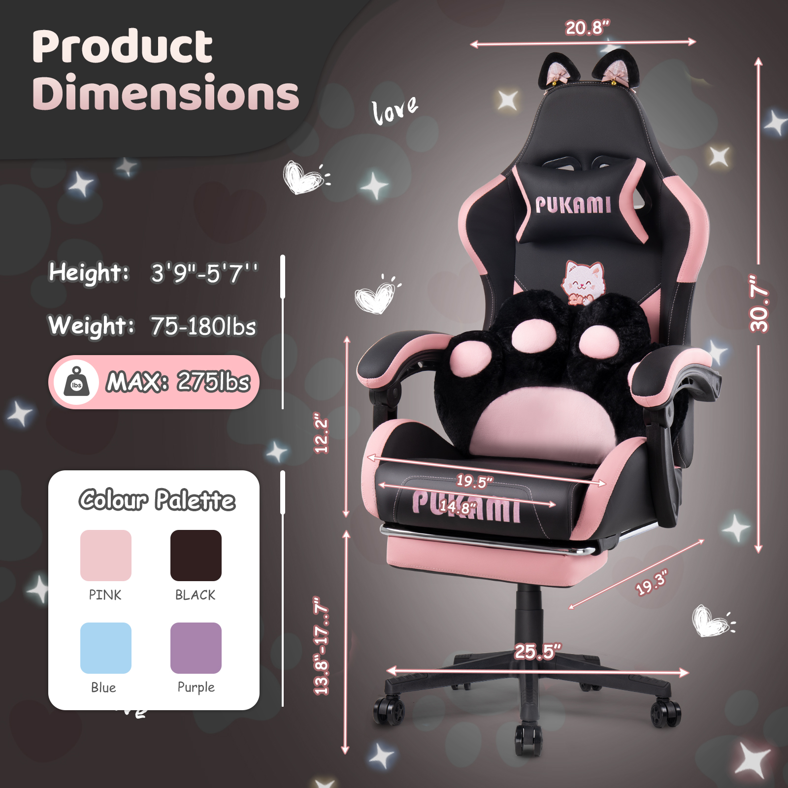 Waleaf Pink Gaming Chair with Cat Paw Lumbar Cushion and Cat Ears for Girls, Reclining Office Computer Chair with Footrest for Adults, Teens