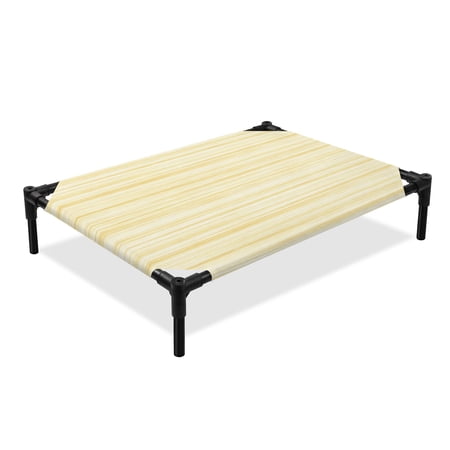 Yellow Striped Elevated Dog Bed Boho Mustard Yellow Lines Linen Texture Rustic Cooling Breathable Outdoor Raised Dog Cot Bed with Metal Frame Non-Slip Feet for Medium Dog 24x20in