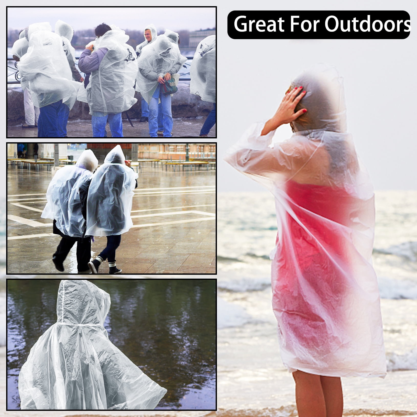Ponpon 10pcs Disposable Rain Poncho, Adult Emergency Clear Waterproof Raincoat with Hood for Outdoor Hiking Camping