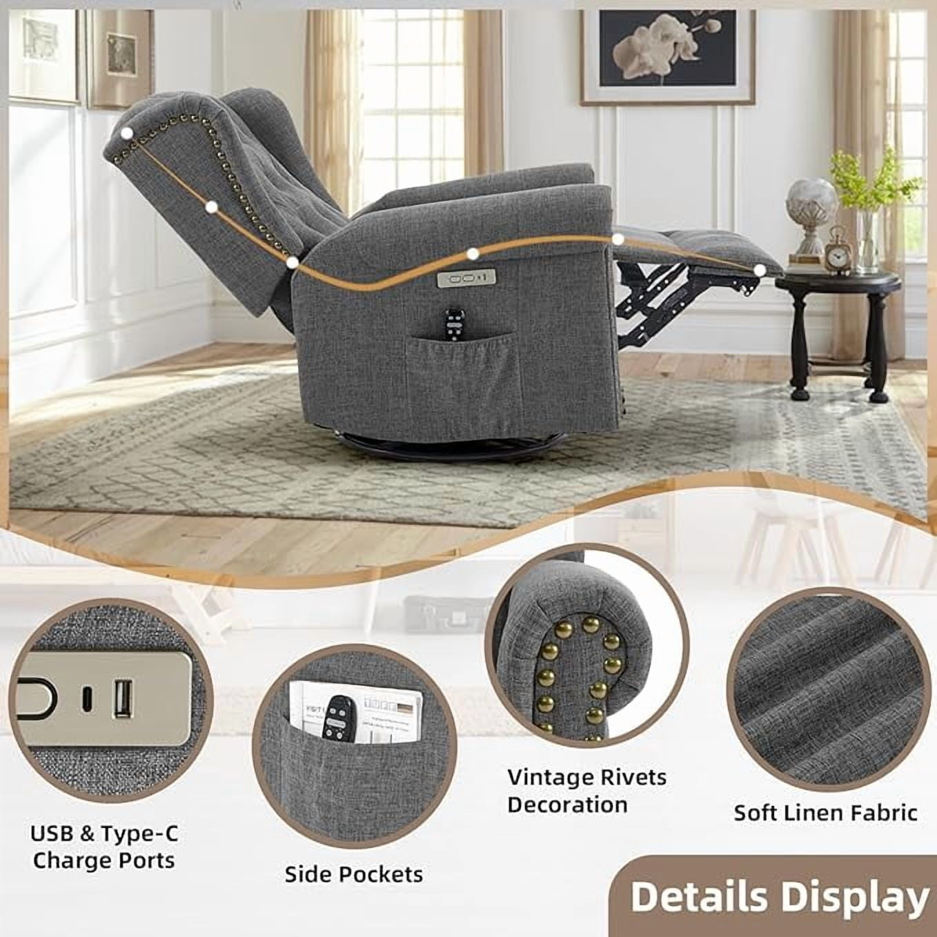 EPICOZY Power Swivel Rocking Glider Recliner Chair with Massage and Heat, Electric Nursery Glider Rocker for Living Room, Wingback Tufted Upholstered Recliner Chair with Type-C & USB Ports, Grey