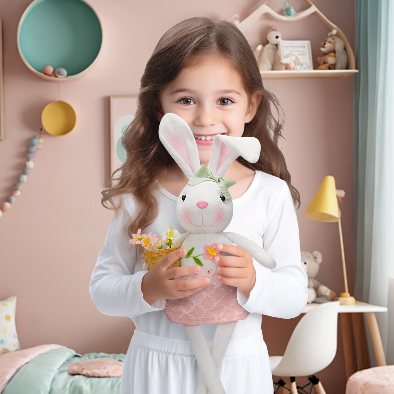 17.3in Easter Decorations Plush Bunny Doll with Flower Basket for Easter Party Decor and Easter Basket Stuffers, Soft PP Cotton Easter Decor Rabbit Figurine for Kids Easter Pascua Home Display