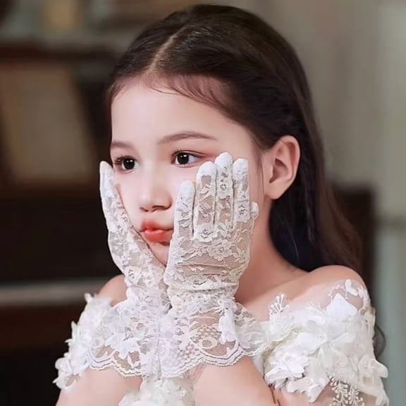 High-End White Lace Wedding Gloves for Girls - Elegant Bow Design for Special Occasions
