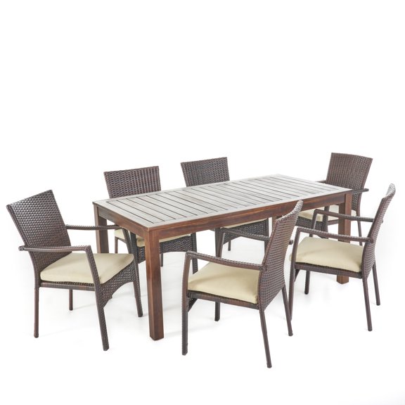 Goodman Outdoor 7 Piece Dining Set with Water Resistant Cushions, Brown andCrème