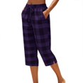 thumbnail image 2 of Cagogo Women Plus Size Capri Pants Elastic Waist Pockets Plaid Casual Cropped Lounge Pants Summer High Waisted Flowy Trousers for Party Work Beach, Purple 2XL, 2 of 7