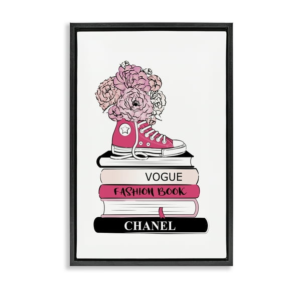 Stupell Industries Sporty Sneaker Bookstack Beauty & Fashion Painting Black Floater Framed Art Print Wall Art, 17 x 25