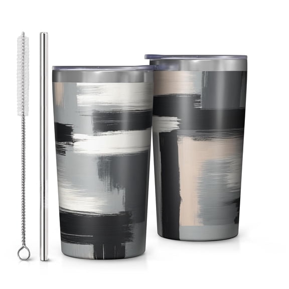 Black and Grey Abstract Art Artwork 10oz Tumblers Stainless Steel Tumbler with Lid and Straw,Vacuum Insulated Double Wall Travel Tumbler Cups with Cleaning Brush for Coffee, Tea