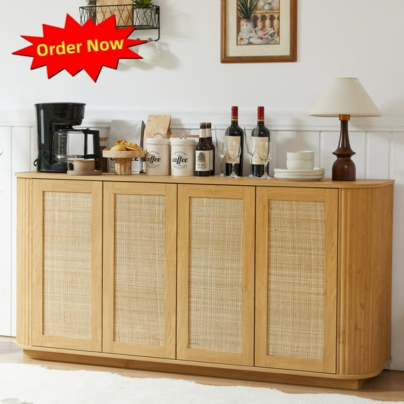 Tcbosik Farmhouse Storage Cabinet with 4 Rattan Doors, Sideboard Buffet Cabinet with Adjustable Shelves, Modern Accent Cabinet, Cupboard for Kitchen, Living Room, Dining Room, Natural
