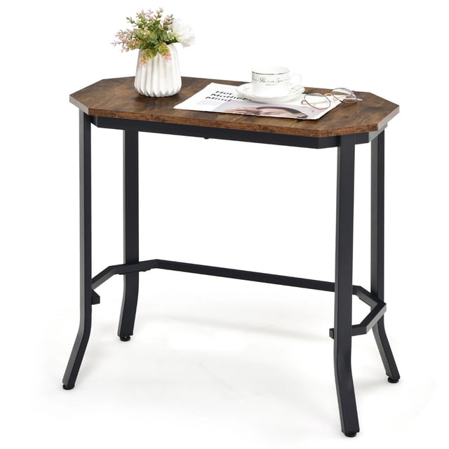Costway Mesa de Centro Estrecha Mesita Auxiliar de Sofá Industrial con Vetas de Madera Rústica Marco de Acero para Salón 64 x 32 x 61,5 cm Marrón