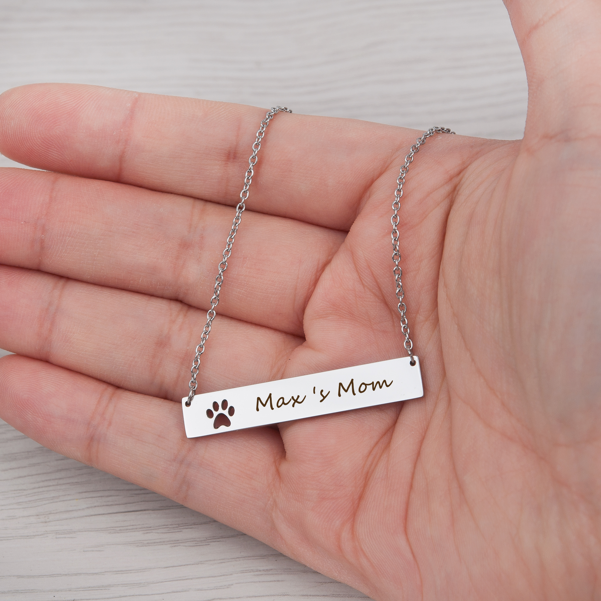Anavia Personalized Name Necklace Custom Bar Jewelry Gift for Her Paw Print Cut Out Bar Necklace Stainless Steel Custom Made Engravable Pet Dog Name Jewelry Free Gift Box Ships Next Day [Silver]