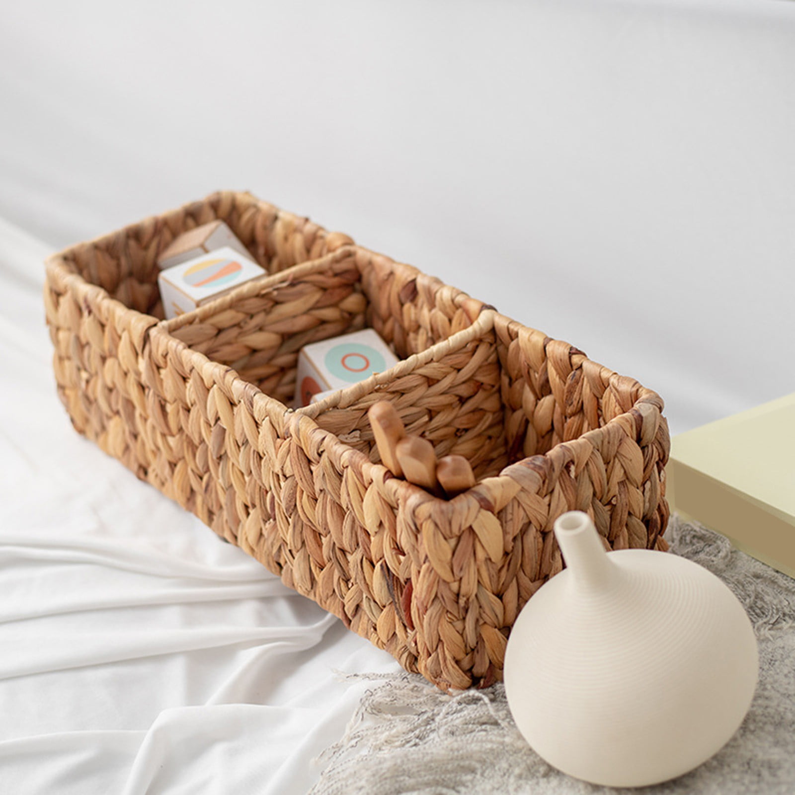 Water Hyacinth Tank Topper Storage Baskets 3 sections Woven Wicker Basket for Toilet Paper Holder, Baskets for Vanity, Bathroom, Pantry Organizing, or Coffee Table Decor, 16.93x6.69x5.12"