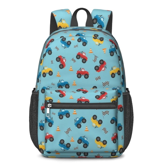 Monster Cartoon Truck Blue Pattern 17" School Backpacks for Teens,Waterproof Oxford Fabric,S-Shape Padded Straps for School,Travel,Hiking,Camping