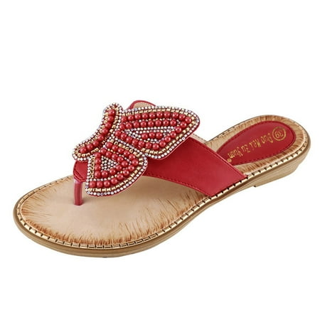 

B91xZ Women Sandals Toe Shoes Animal Women s Fashion Round Rhinestone Sandals Pearl Pinch Women s Sandals Red Size 9