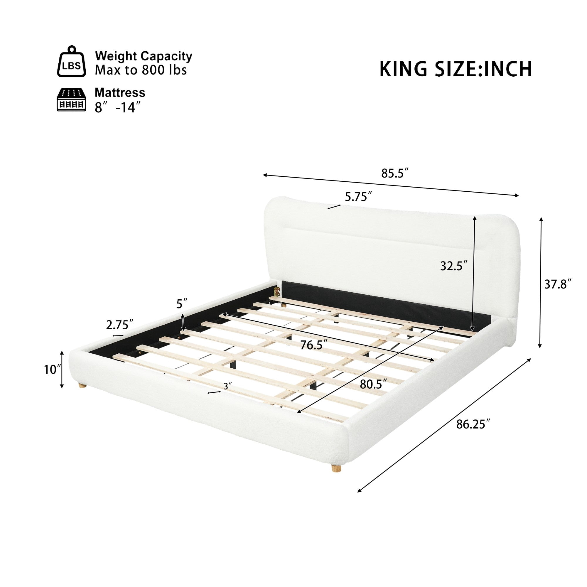 Sailvan King Minimalist Teddy Fleece Upholstered Bed Frame with Curved Headboard,Soft Plush Platform Bed,800lb Weight Capacity,Easy Assembly