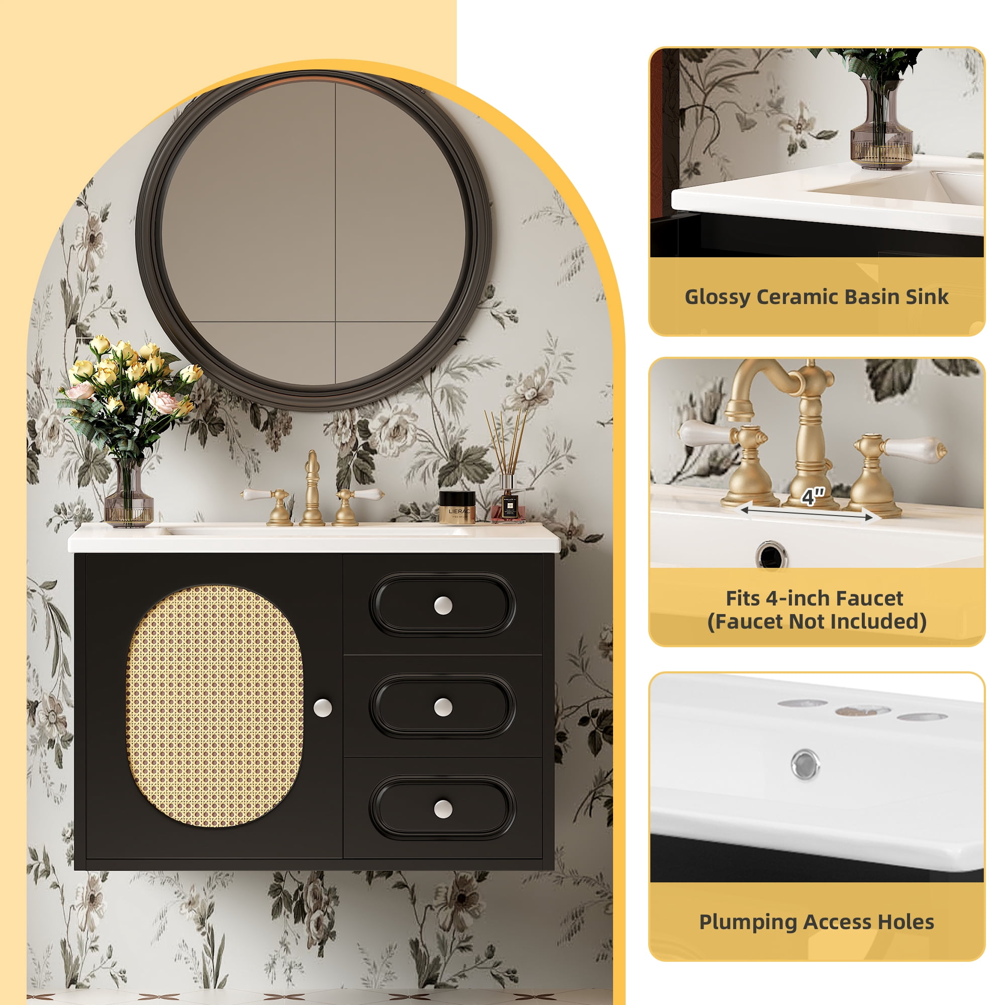 Euroco Mid-Century Modern Bathroom Vanity with Rattan Design, Soft-Close Drawers, Glossy Ceramic Basin, Premium MDF Storage Cabinet for Bathroom, 4-inch Faucet Compatibility