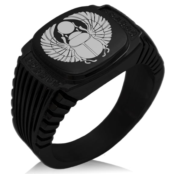 Stainless Steel Scarab Beetle Rising Sun CZ Ribbed Needle Stripe Pattern Biker Style Polished Ring