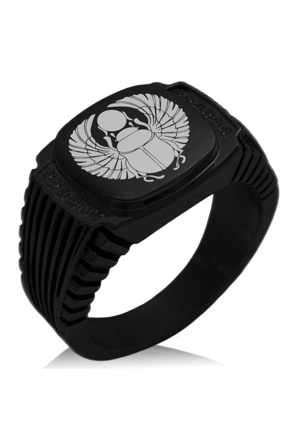 Stainless Steel Scarab Beetle Rising Sun CZ Ribbed Needle Stripe Pattern Biker Style Polished Ring
