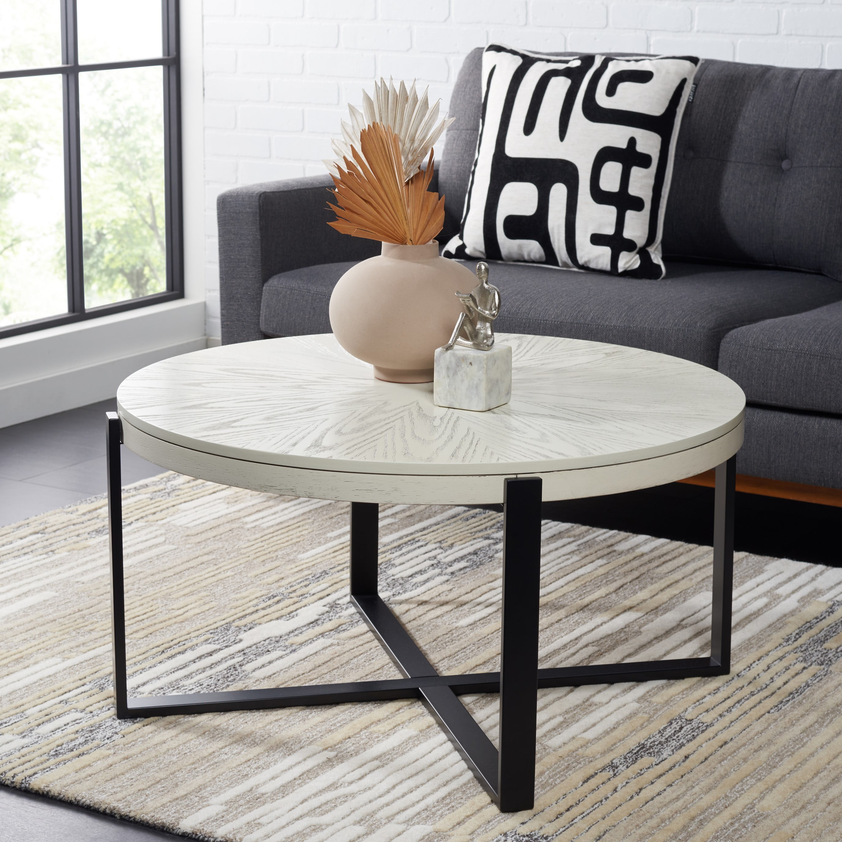 SAFAVIEH Navya Round Coffee Table, White Wash Top/Black Legs