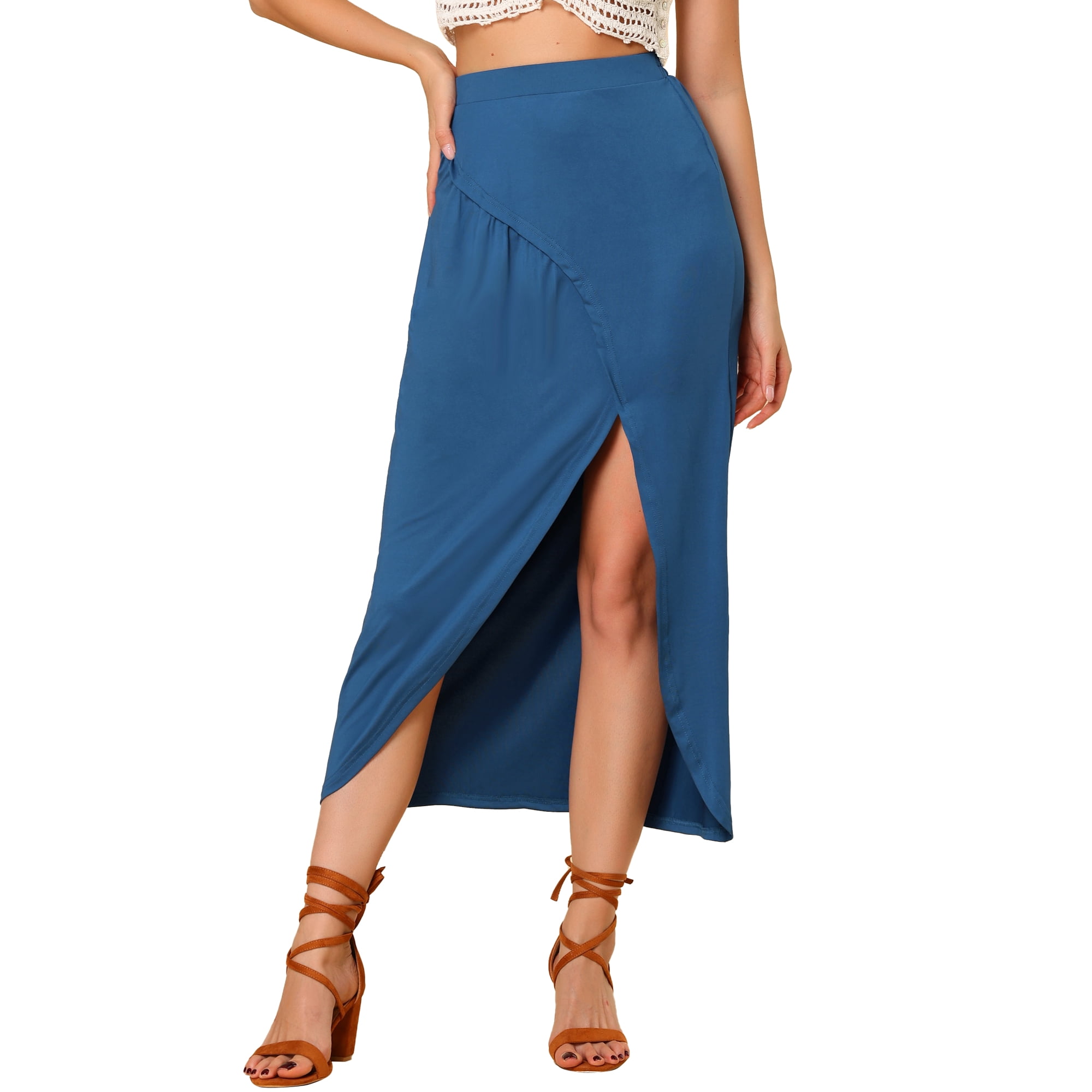 Unique Bargains Women s Long Casual Elastic Waist Side Split Slit Asymmetrical Skirt Other