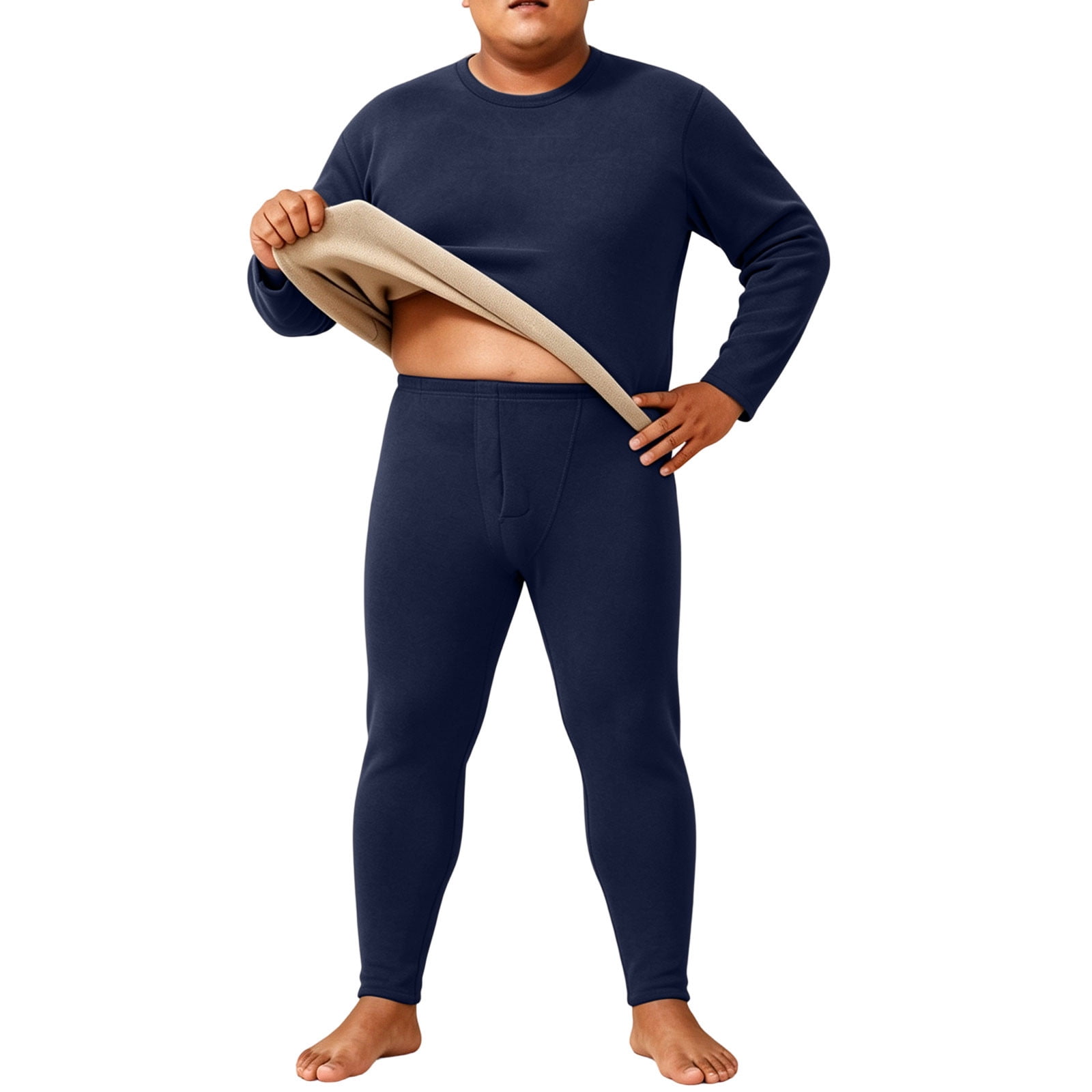 Fengqque Men s Plus Size thermal Long Underwear Set Thick Fleece Lined Warm Base Layer Top & Pants Navy L