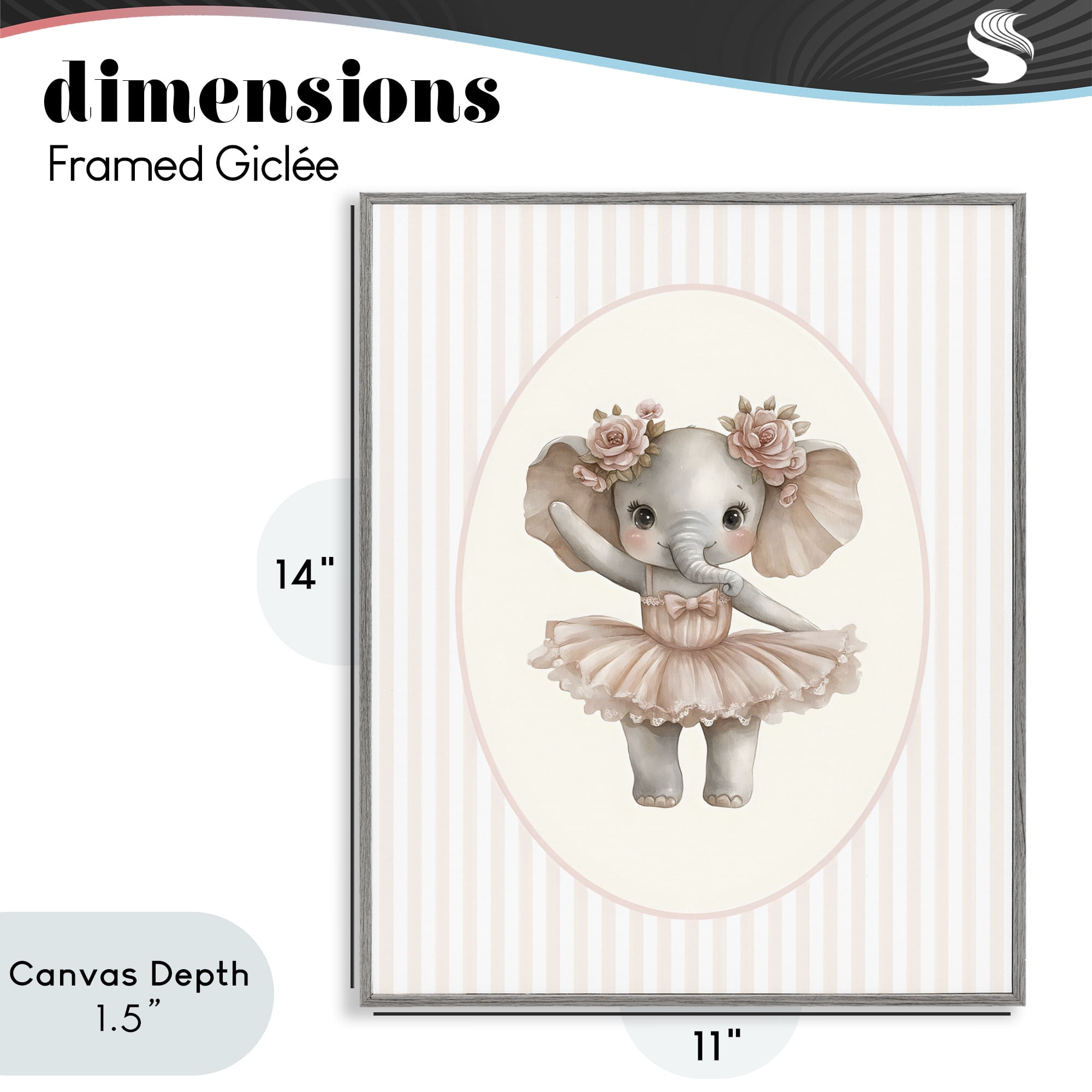 Stupell Industries Nursery Ballerina Elephant Striped Gray Framed Giclee Art, design by LSR Design Studio