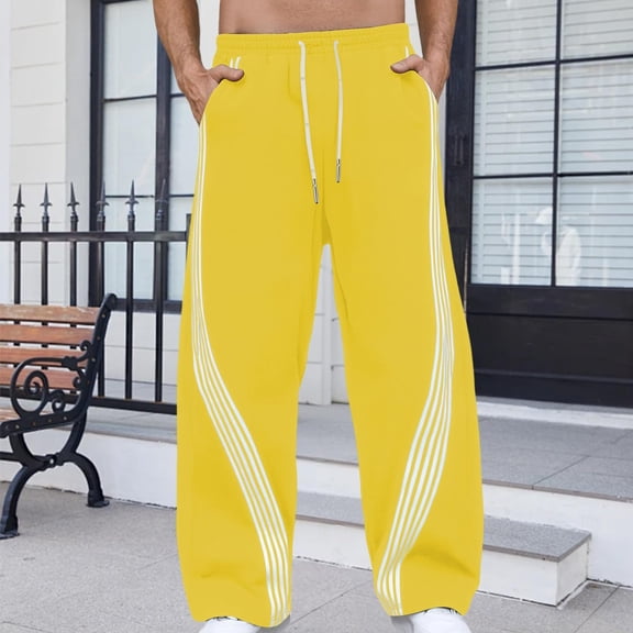 Domuza Men's Baggy Wide Leg Sweatpants Y2K Striped Side Drawstring Waist Barrel Track Pants with Pockets Yellow L