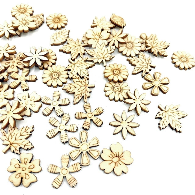 100PCS Wooden Embellishments Assorted Leaf Wood Cutouts Flower Wooden Cutouts