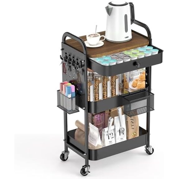 Rolling Cart with Drawer and Wood Table Top, 3 Tier Metal Rolling Utility Cart on Wheels with DIY Pegboards, Hanging Baskets, Hooks for Bedroom,Office,Craft Supplies (Black)