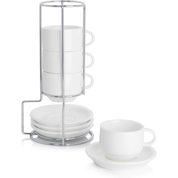 2.5 Ounce Porcelain Stackable Espresso Cups with Saucers and Metal Stand Set of 4, White