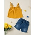 thumbnail image 3 of Genuiskids Toddler Baby Girl Summer 2Pcs Clothes Set Solid Color Sleeveless Tie-Up Camisole+Elastic Waist Denim Ripped Shorts 3-8T, 3 of 9