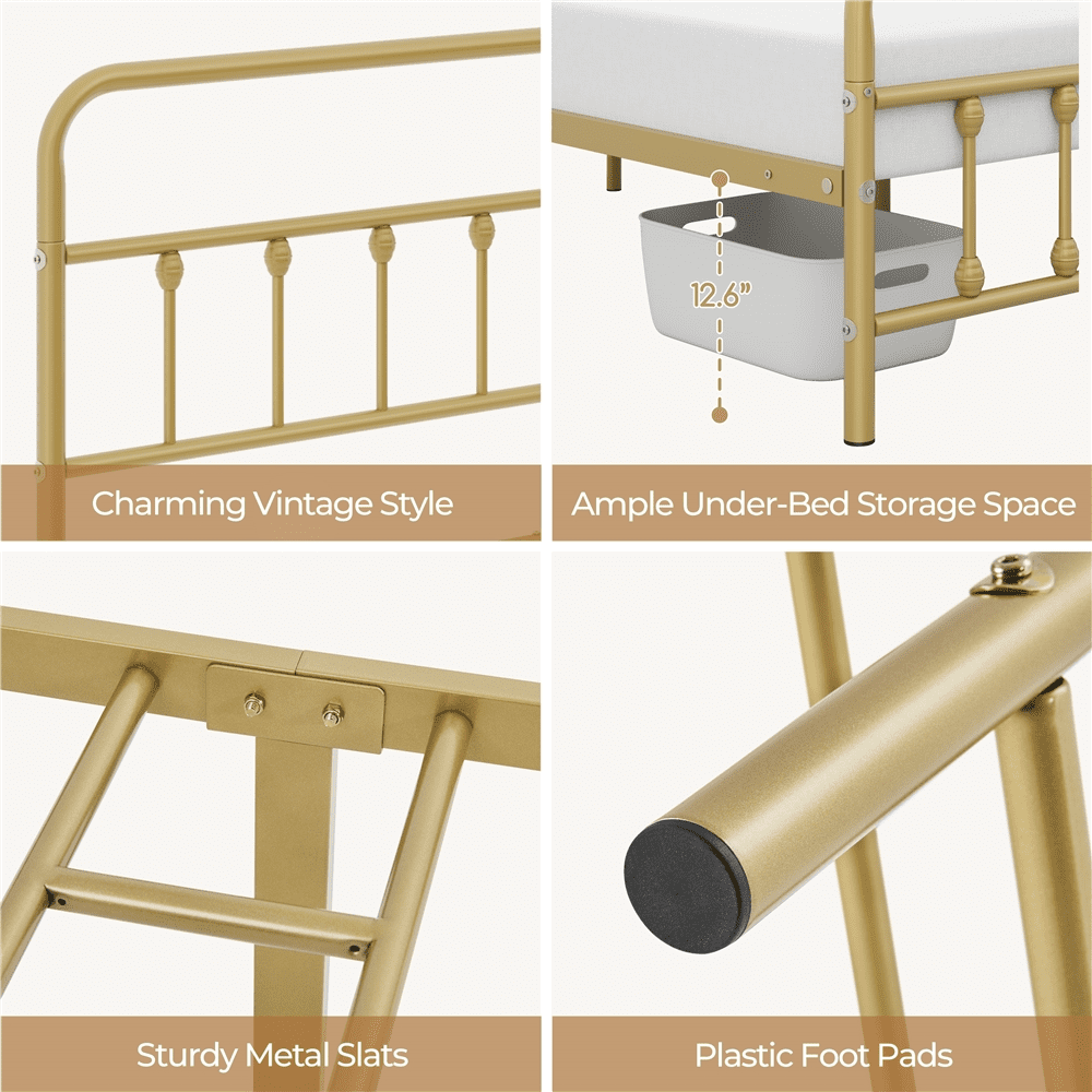 Alden Design Full Size Metal Platform Bed Frame with High Headboard, All Ages, Antique Gold