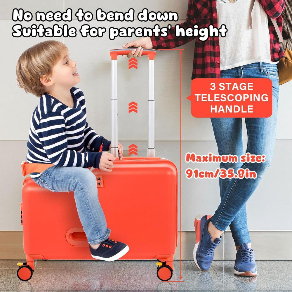 Kids Ride on Suitcase 20 Inch, Childrens Travel Carrier Cabin Case with Foot Pedal Spinner Wheels and Safe Harness Stroller for Boy Girl Travel(Red)