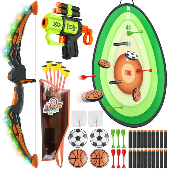 Hot Bee 5-in-1 Kids Bow and Arrow Set, LED Light-Up Bow, Avocado Target, Foam Dart Launcher & Sticky Arrows, Archery Toy Gift for Boys Girls Ages 4-12, Outdoor Indoor Shooting Playset