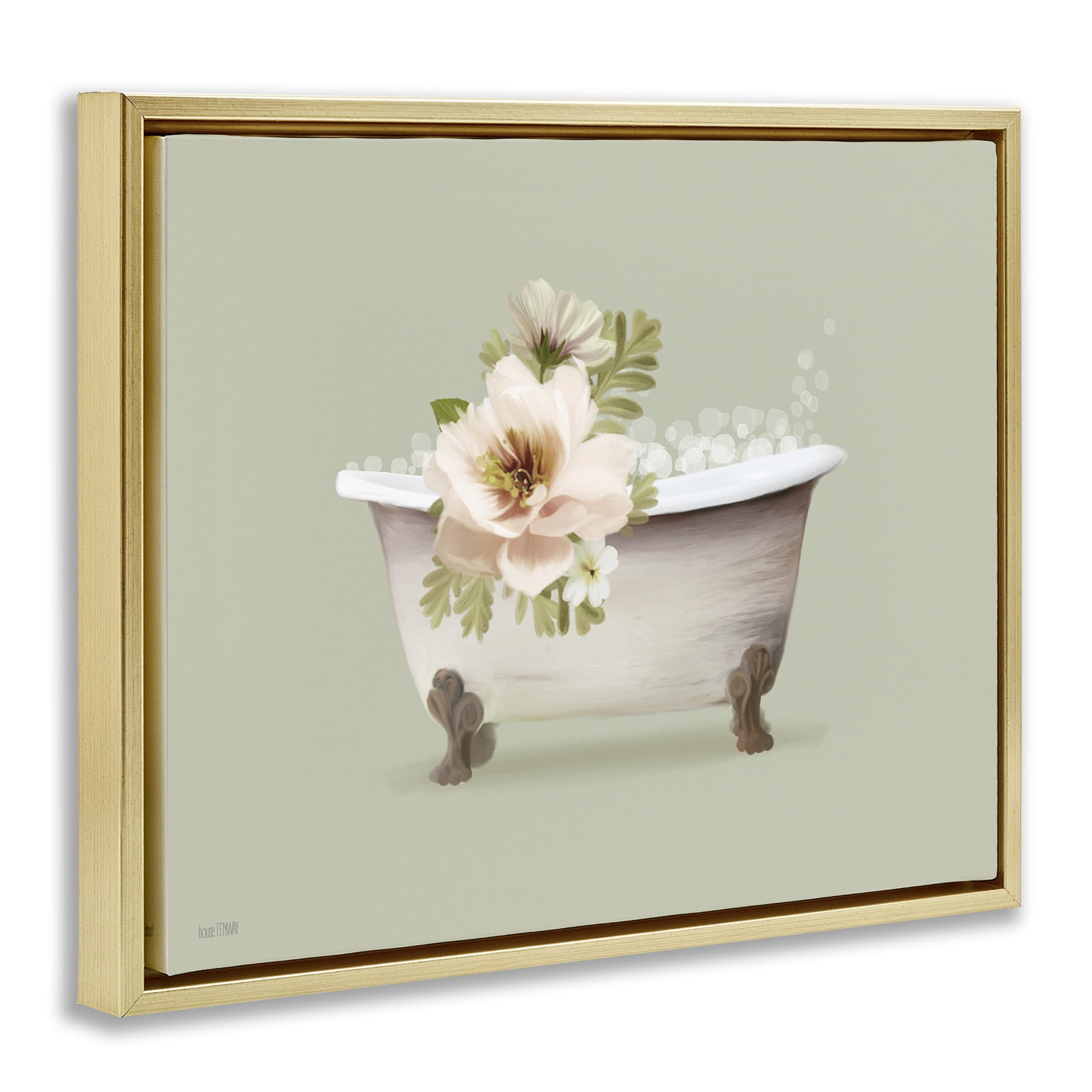 Stupell Industries Soft Blooms Bubble Bath Bath & Laundry Painting Gold Floater Framed Canvas Art Print Wall Art, 21 x 17