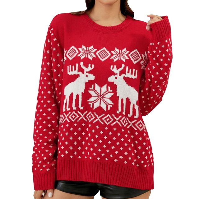 Gibobby suéteres de invierno de punto Suéter navideño para mujer, suéter con patrón de y de nieve, suéter de punto, cuello Rojoondo, manga larga, camisa holgada navideña para vacaciones (Rojo, L)