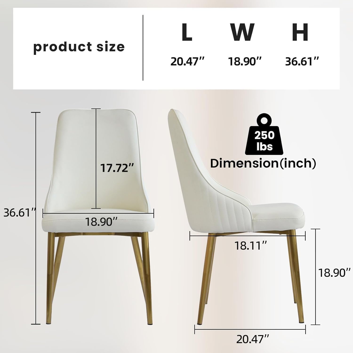 Montary Contemporary Dining Chairs Set of 2 - White PU Leather w/Gold Legs, Ergonomic Back Support for Kitchen & Dining Room (Stripes)