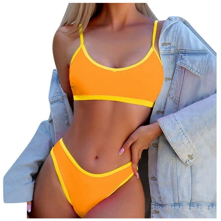 Womens 2 Piece Swimsuits Color Block Split Bikini Sexy Backless Beachwear Tankinis Set Light Yellow Women Bathing Suits XL